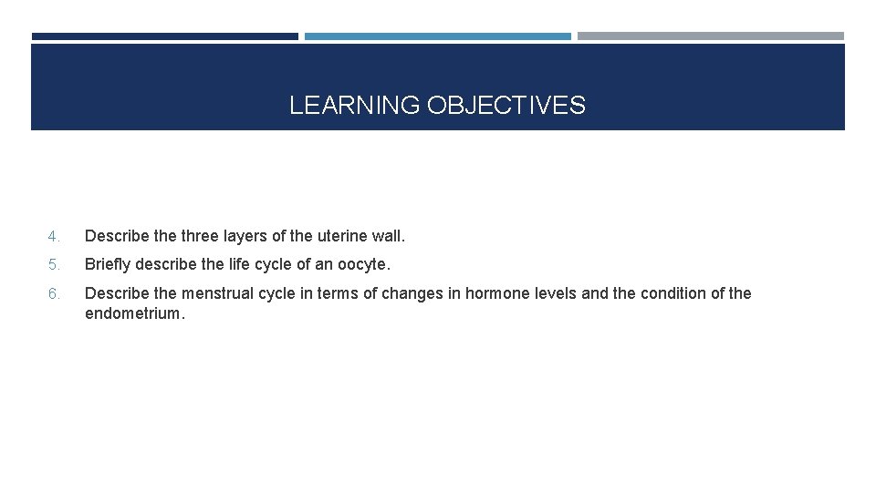 LEARNING OBJECTIVES 4. Describe three layers of the uterine wall. 5. Briefly describe the