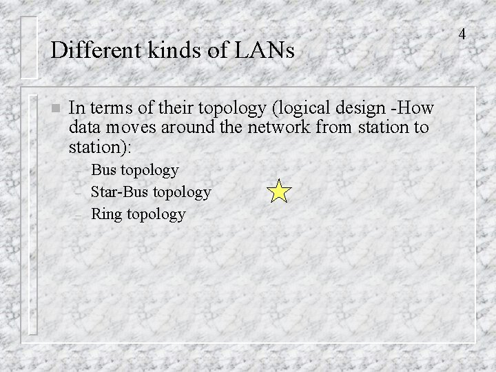 Different kinds of LANs n In terms of their topology (logical design -How data