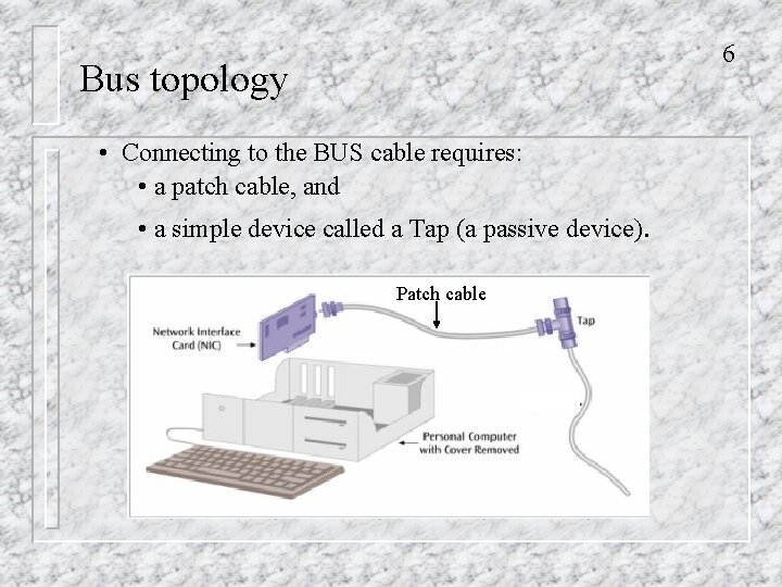 6 Bus topology • Connecting to the BUS cable requires: • a patch cable,