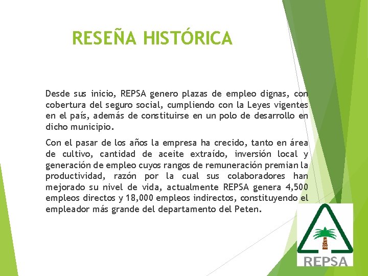 RESEÑA HISTÓRICA Desde sus inicio, REPSA genero plazas de empleo dignas, con cobertura del