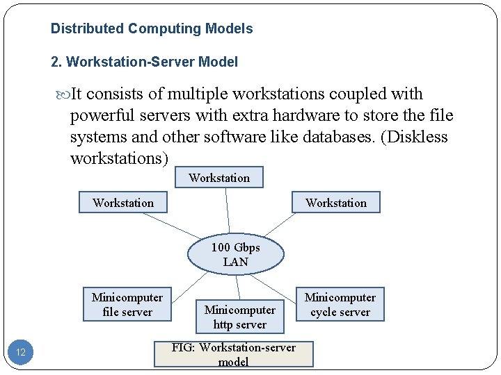Distributed Computing Models 2. Workstation-Server Model It consists of multiple workstations coupled with powerful Distributed Computing Models 2. Workstation-Server Model It consists of multiple workstations coupled with powerful
