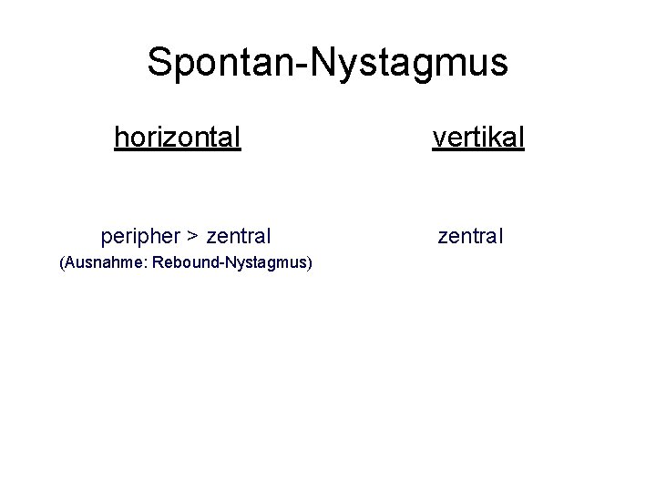 Spontan-Nystagmus horizontal peripher > zentral (Ausnahme: Rebound-Nystagmus) vertikal zentral 