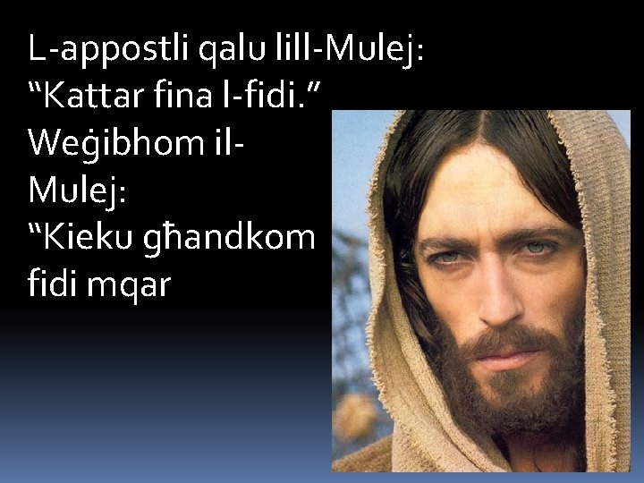 L-appostli qalu lill-Mulej: “Kattar fina l-fidi. ” Weġibhom il. Mulej: “Kieku għandkom fidi mqar