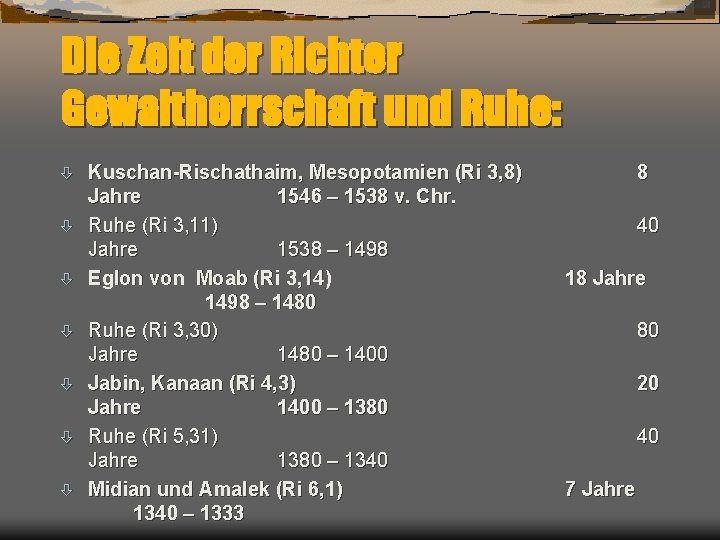 Die Zeit der Richter Gewaltherrschaft und Ruhe: ò ò ò ò Kuschan-Rischathaim, Mesopotamien (Ri