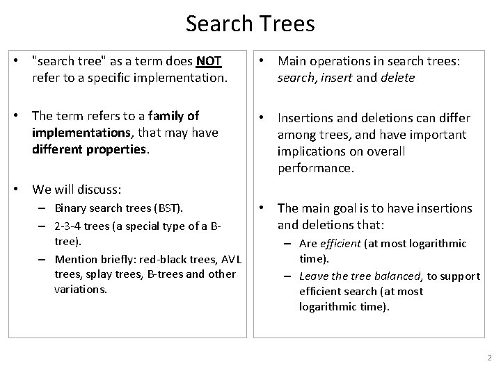 Search Trees • "search tree" as a term does NOT refer to a specific