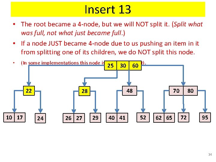 Insert 13 • The root became a 4 -node, but we will NOT split