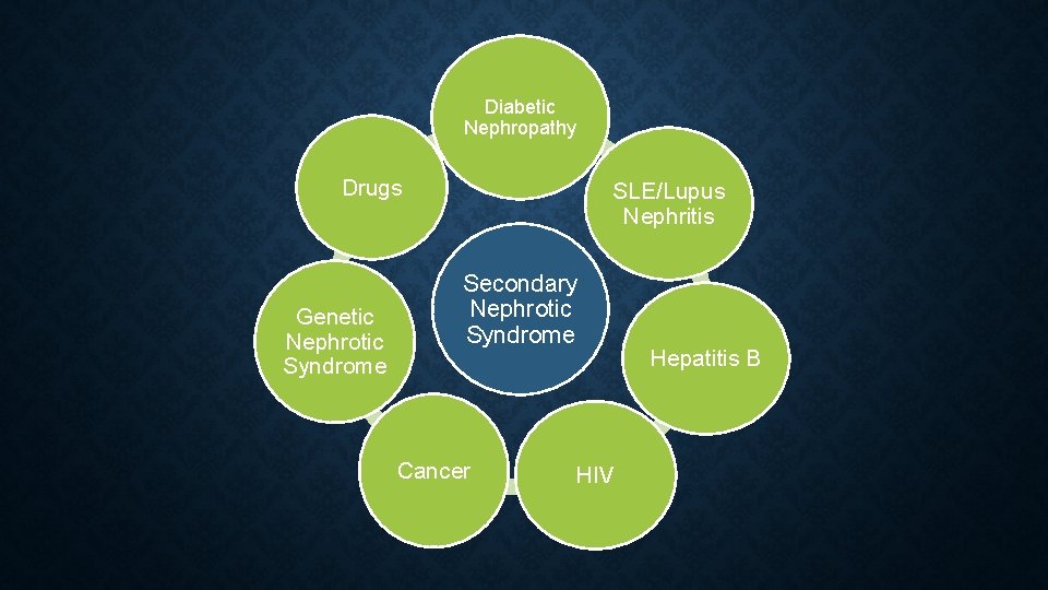 Diabetic Nephropathy Drugs Genetic Nephrotic Syndrome SLE/Lupus Nephritis Secondary Nephrotic Syndrome Cancer HIV Hepatitis