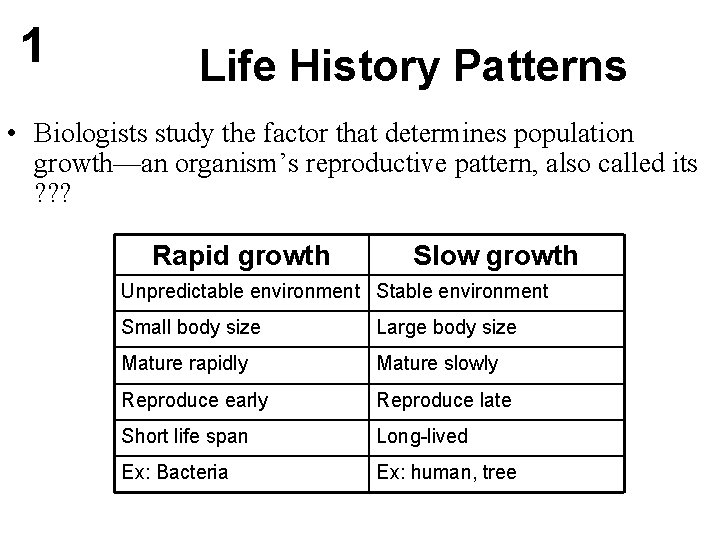 1 Life History Patterns • Biologists study the factor that determines population growth—an organism’s