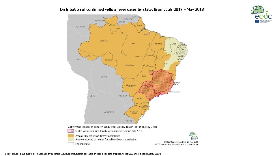 Distribution of confirmed yellow fever cases by state, Brazil, July 2017 – May 2018