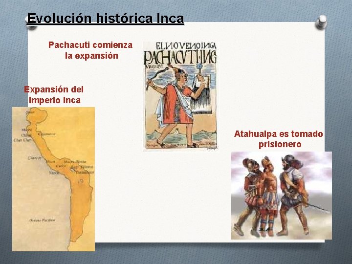 Evolución histórica Inca Pachacuti comienza la expansión Expansión del Imperio Inca Atahualpa es tomado
