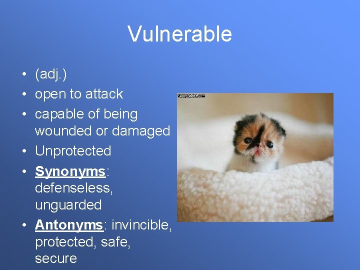 Vulnerable • (adj. ) • open to attack • capable of being wounded or