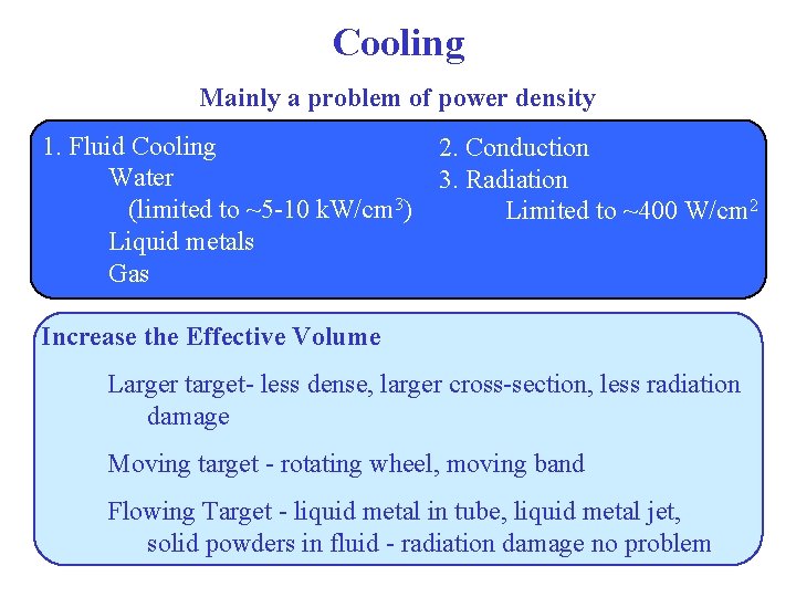 Cooling Mainly a problem of power density 1. Fluid Cooling Water (limited to ~5