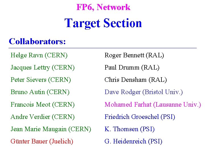 FP 6, Network Target Section Collaborators: Helge Ravn (CERN) Roger Bennett (RAL) Jacques Lettry