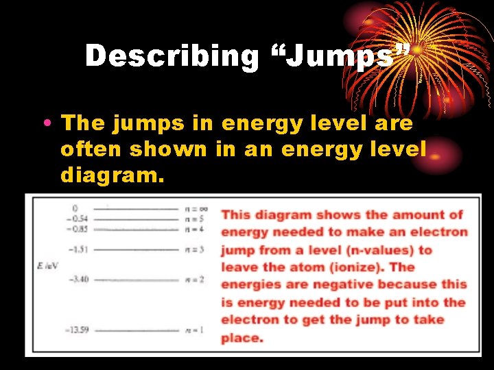 Describing “Jumps” • The jumps in energy level are often shown in an energy