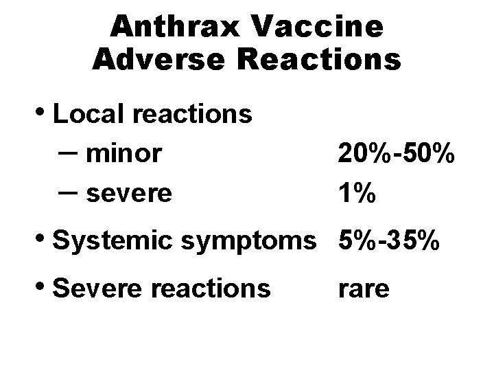 Anthrax Vaccine Adverse Reactions • Local reactions – minor – severe • Systemic symptoms