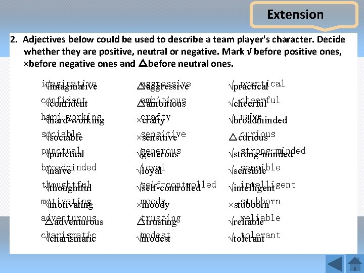 Extension 2. Adjectives below could be used to describe a team player's character. Decide