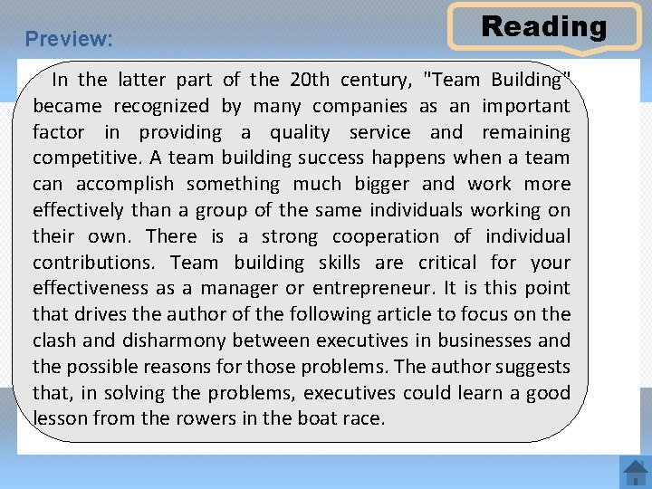 Preview: Reading In the latter part of the 20 th century, "Team Building" became