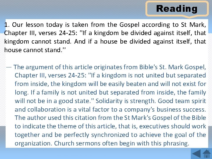 Reading 1. Our lesson today is taken from the Gospel according to St Mark,