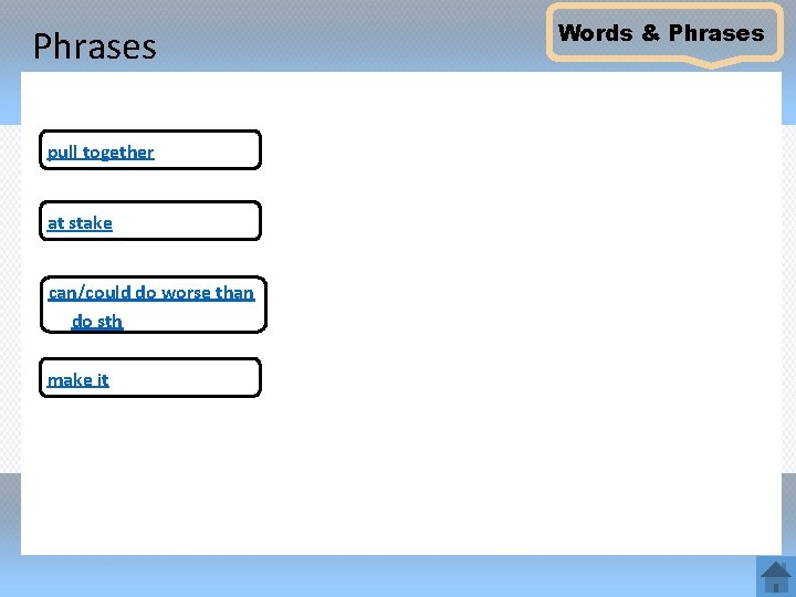 Phrases pull together at stake can/could do worse than do sth make it Words