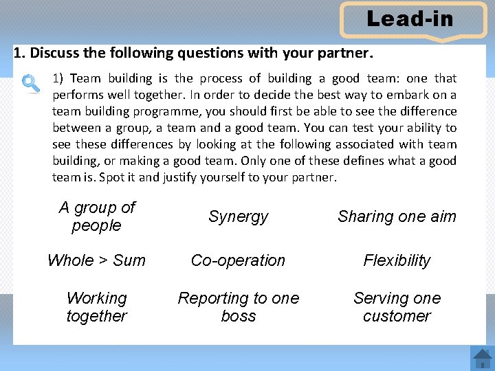 Lead-in 1. Discuss the following questions with your partner. 1) Team building is the