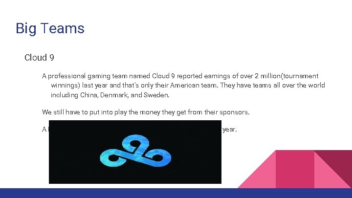 Big Teams Cloud 9 A professional gaming team named Cloud 9 reported earnings of