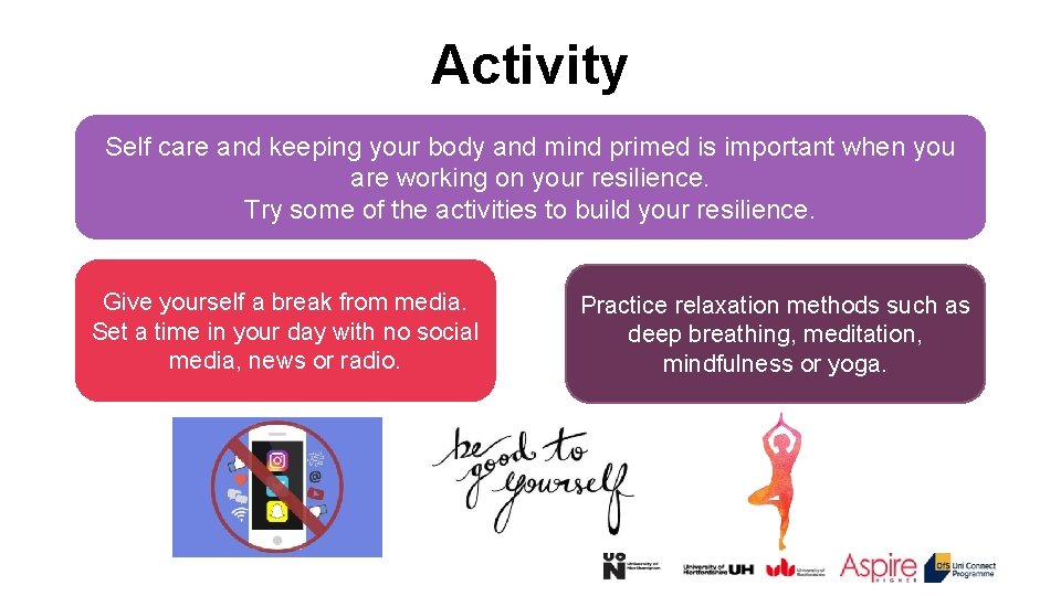 Activity Self care and keeping your body and mind primed is important when you