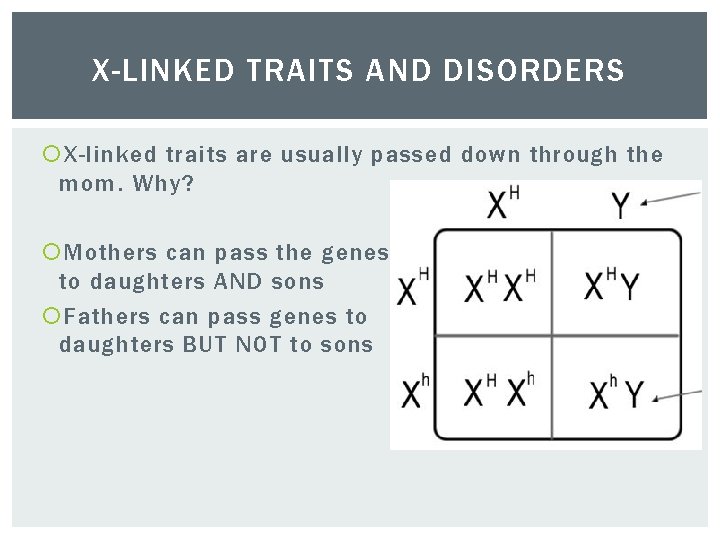 X-LINKED TRAITS AND DISORDERS X-linked traits are usually passed down through the mom. Why?