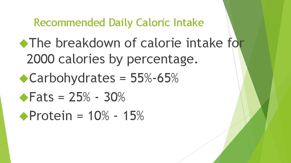 Recommended Daily Caloric Intake The breakdown of calorie intake for 2000 calories by percentage.