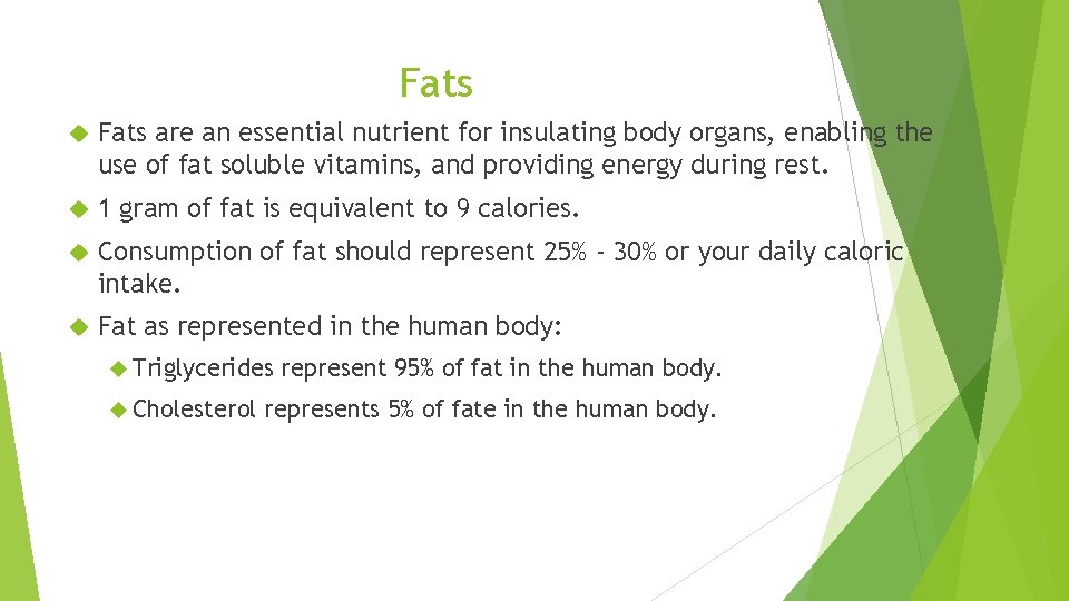 Fats are an essential nutrient for insulating body organs, enabling the use of fat