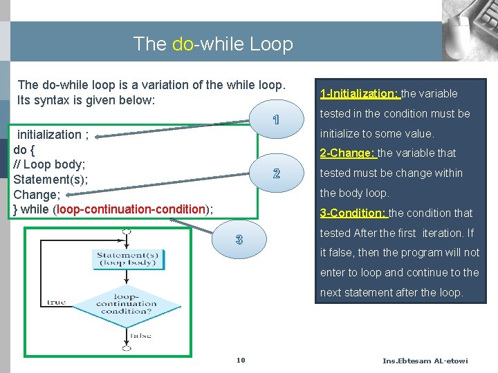 The do-while Loop The do-while loop is a variation of the while loop. Its