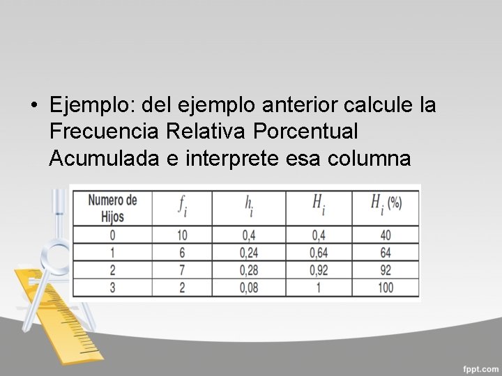  • Ejemplo: del ejemplo anterior calcule la Frecuencia Relativa Porcentual Acumulada e interprete
