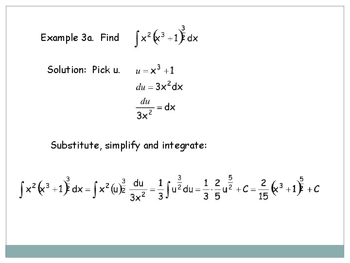 Example 3 a. Find Solution: Pick u. Substitute, simplify and integrate: 