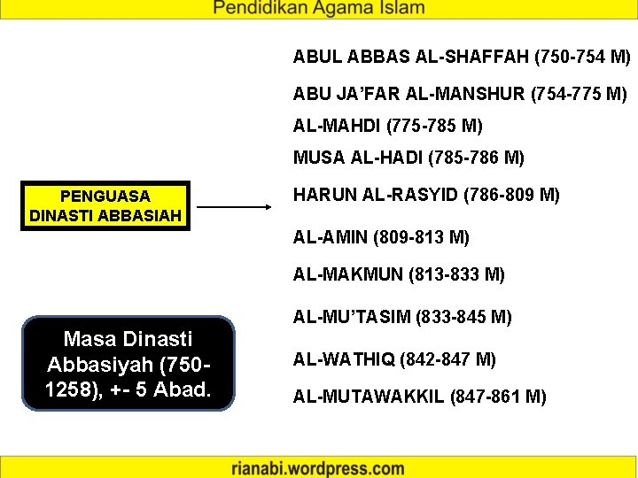 ABUL ABBAS AL-SHAFFAH (750 -754 M) ABU JA’FAR AL-MANSHUR (754 -775 M) AL-MAHDI (775