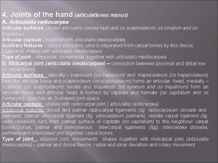 4. Joints of the hand (articulationes manus) A. Articulatio radiocarpea Articular surfaces : facies