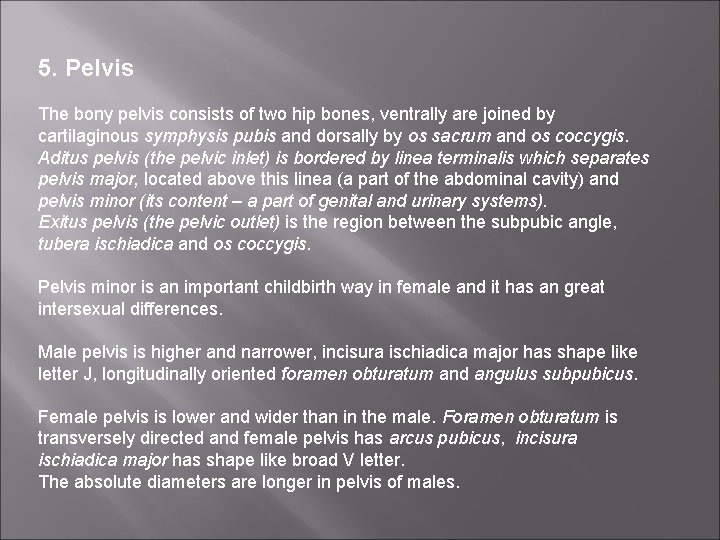 5. Pelvis The bony pelvis consists of two hip bones, ventrally are joined by
