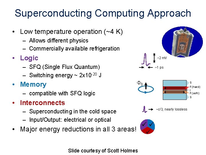 Superconducting Computing Approach • Low temperature operation (~4 K) – Allows different physics –