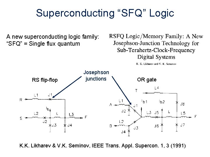 Superconducting “SFQ” Logic A new superconducting logic family: “SFQ” = Single flux quantum RS