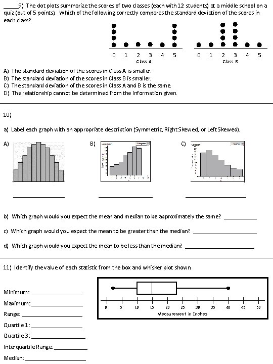 _____9) The dot plots summarize the scores of two classes (each with 12 students)