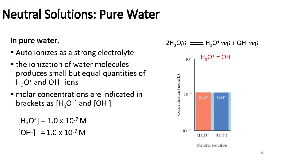 Neutral Solutions: Pure Water In pure water, § Auto ionizes as a strong electrolyte