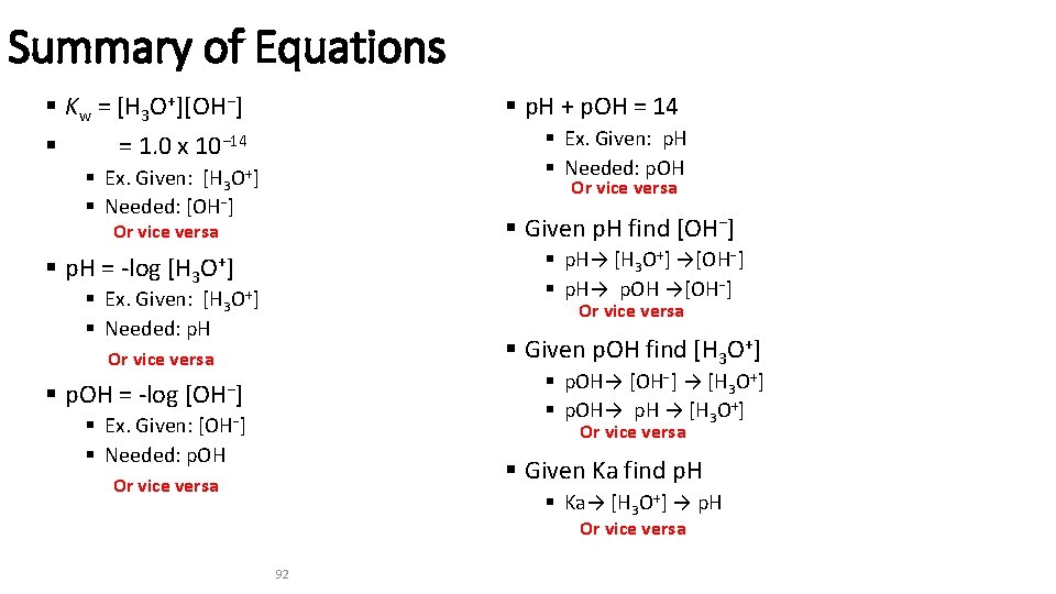Summary of Equations § Kw = [H 3 O+][OH−] § = 1. 0 x