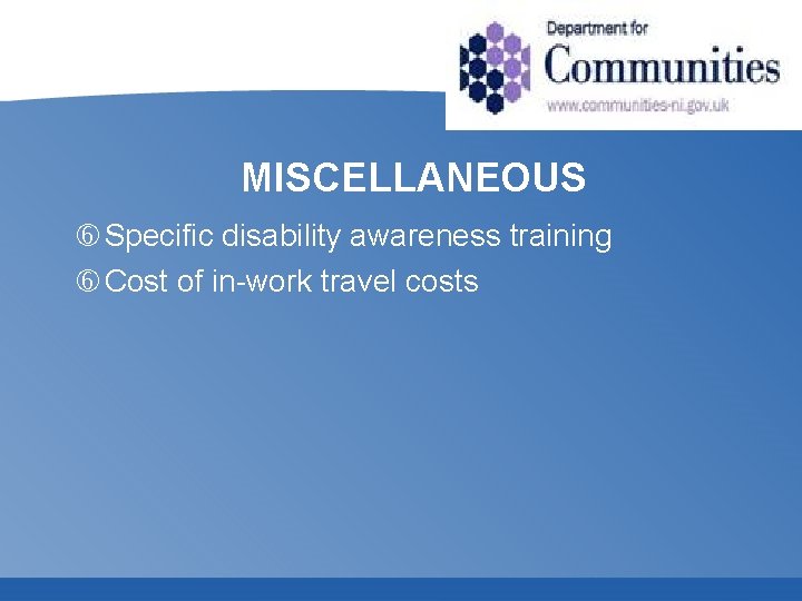 MISCELLANEOUS Specific disability awareness training Cost of in-work travel costs 