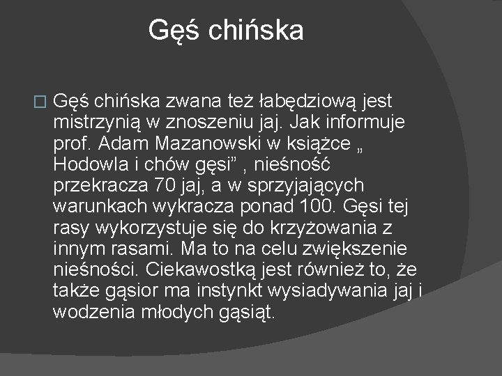 Gęś chińska � Gęś chińska zwana też łabędziową jest mistrzynią w znoszeniu jaj. Jak