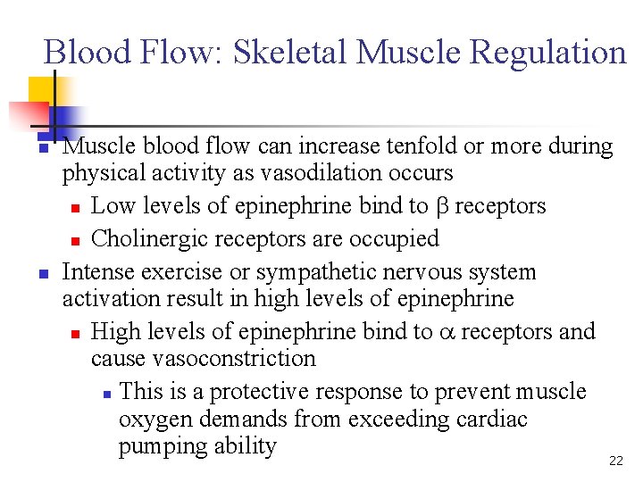Blood Flow: Skeletal Muscle Regulation n n Muscle blood flow can increase tenfold or