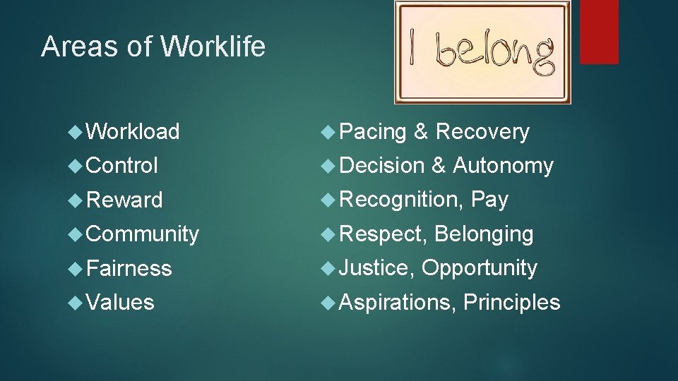 Areas of Worklife Workload Pacing & Recovery Control Decision Reward Recognition, Community Respect, Fairness