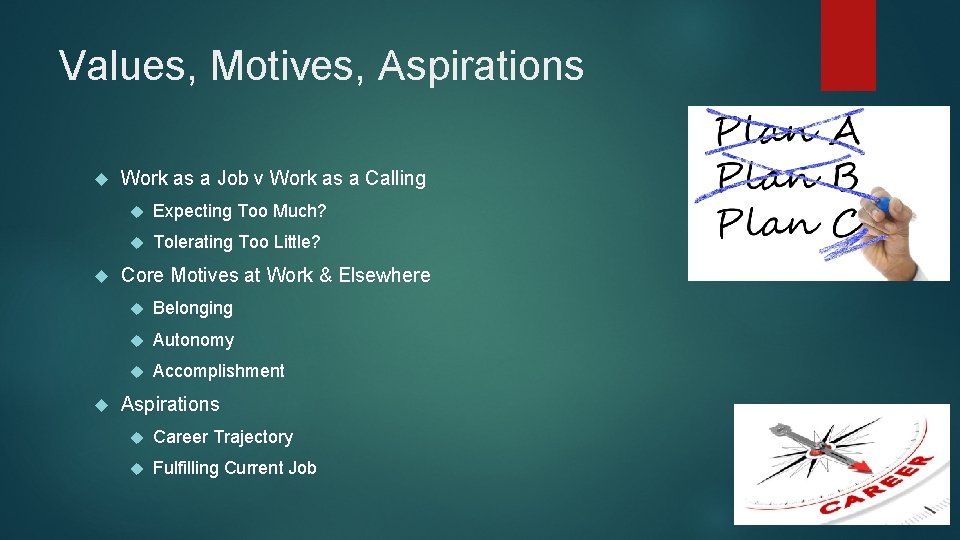 Values, Motives, Aspirations Work as a Job v Work as a Calling Expecting Too