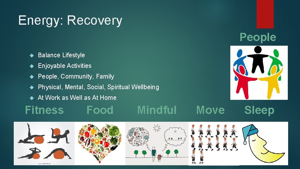 Energy: Recovery People Balance Lifestyle Enjoyable Activities People, Community, Family Physical, Mental, Social, Spiritual