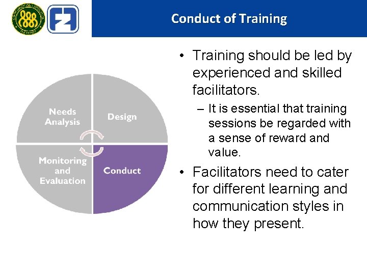 Conduct of Training • Training should be led by experienced and skilled facilitators. –