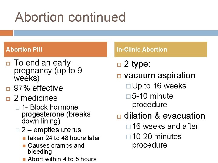 Abortion continued Abortion Pill To end an early pregnancy (up to 9 weeks) 97%