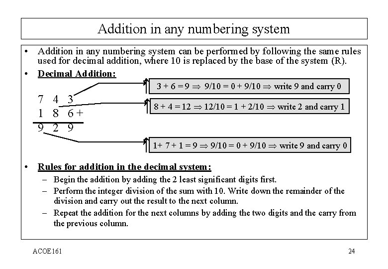 Addition in any numbering system • Addition in any numbering system can be performed
