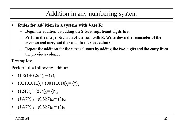 Addition in any numbering system • Rules for addition in a system with base